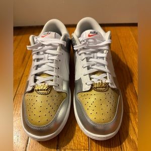 Women’s Nike Dunk Low White, Gold & Silver Athletic Shoes, Sz. 10